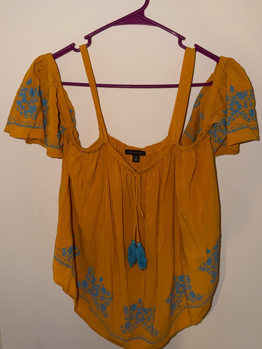 Mustard Yellow Off-Shoulder Embroidered Tunic with Blue Tassels